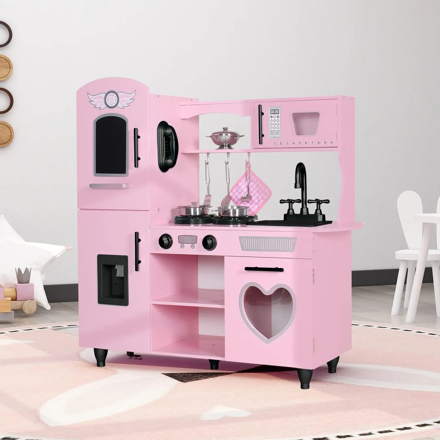 TaoHFE Kitchen Set for Kids Wooden Play Kitchen Toy Sets for Girls Gift Pink Kitchen for Toddlers Kitchen Playset Toys for Kids Age 3  Pretend Play with Lights & Sounds (Pink)