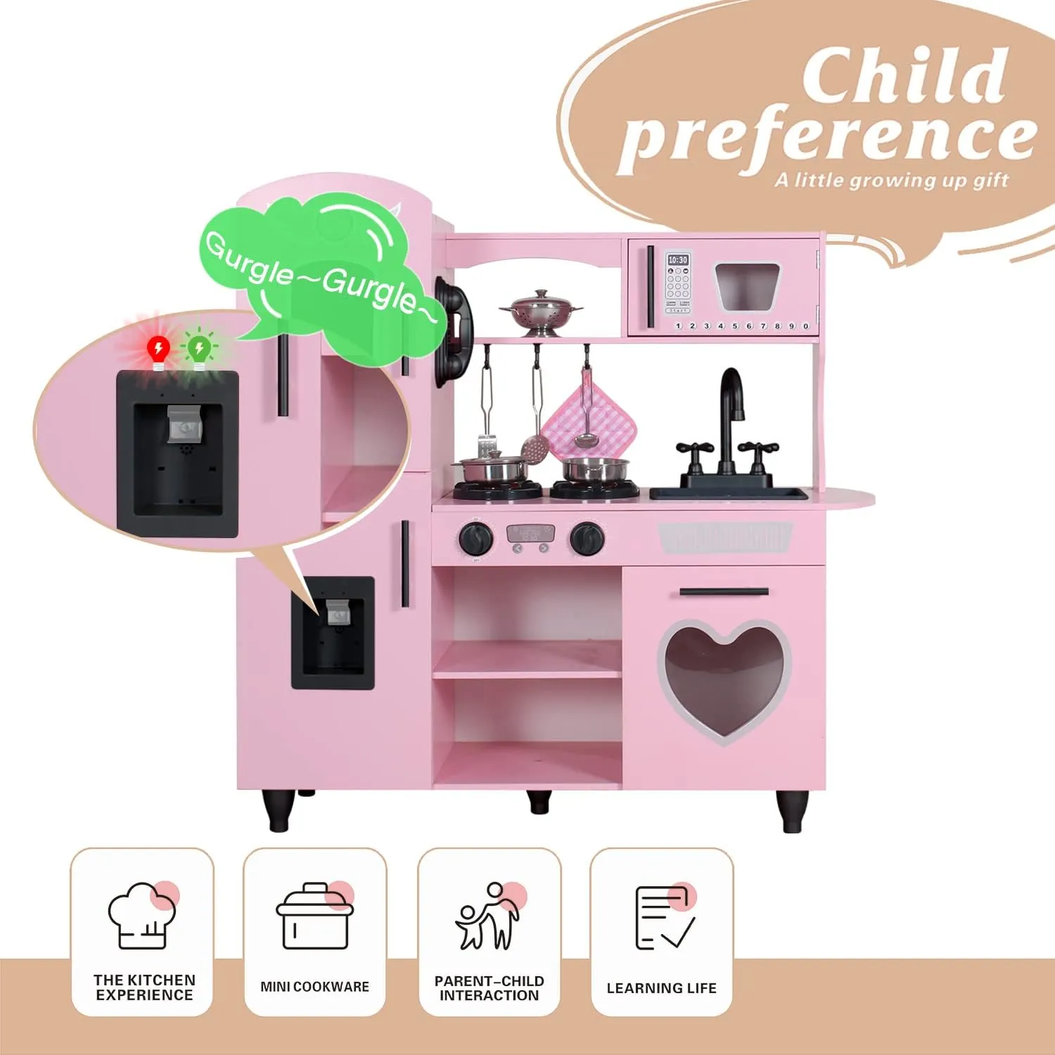 TaoHFE Kitchen Set for Kids Wooden Play Kitchen Toy Sets for Girls Gift Pink Kitchen for Toddlers Kitchen Playset Toys for Kids Age 3  Pretend Play with Lights & Sounds (Pink)