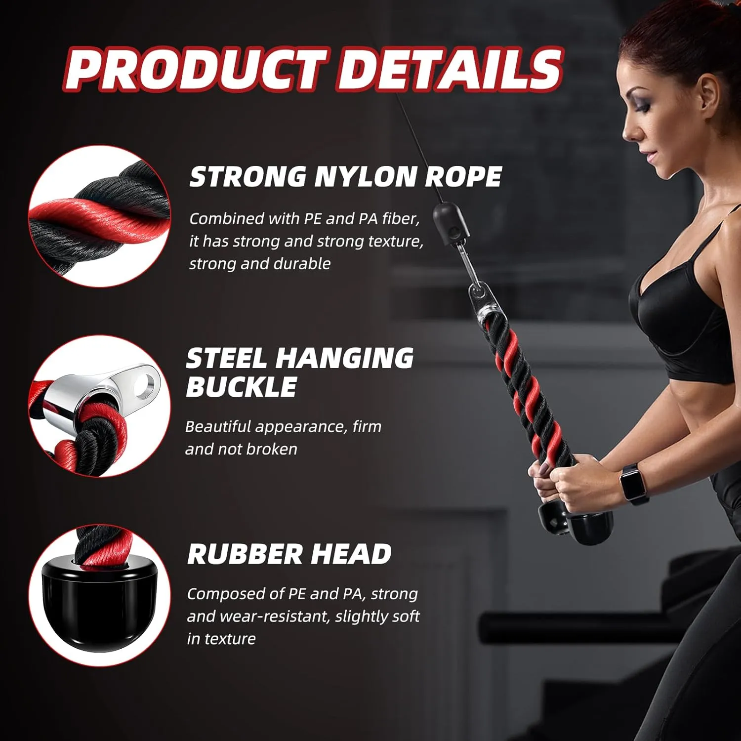 tchrules Universal Tricep Rope Pull Down, 27 Inch Heavy Duty Rope Length, Easy to Grip & Non Slip Cable Workout Exercise Machine Attachment, Suitable for Professional Gyms