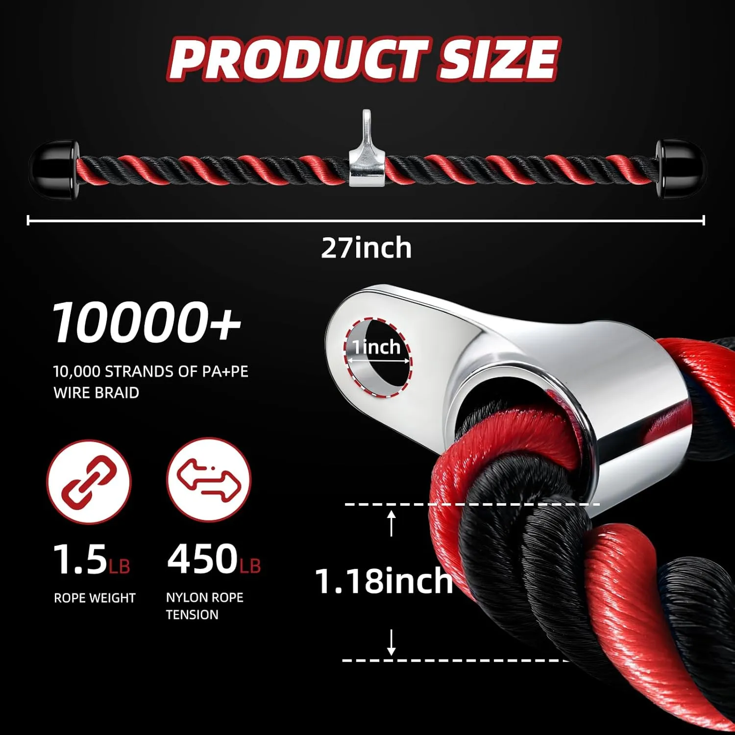 tchrules Universal Tricep Rope Pull Down, 27 Inch Heavy Duty Rope Length, Easy to Grip & Non Slip Cable Workout Exercise Machine Attachment, Suitable for Professional Gyms