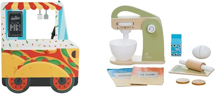 Teamson Kids 2-in-1 Wooden Play Kitchen Café Set with Mixer, Pretend Baking Accessories, Double-Sided Cooking Station, Realistic Features, Storage, Imaginative Toddler Play Set, Boys, Girls