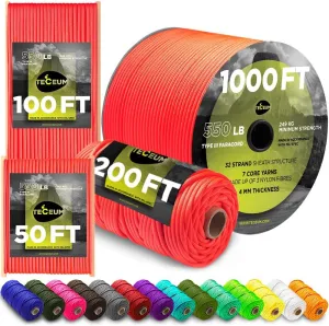 TECEUM Paracord Type III 550 Soffit Orange – 200 ft – 4mm – Tactical Rope MIL-SPEC – Outdoor para Cord –Camping Hiking Fishing Gear and Equipment – EDC Parachute Cord – Strong Survival Rope 345