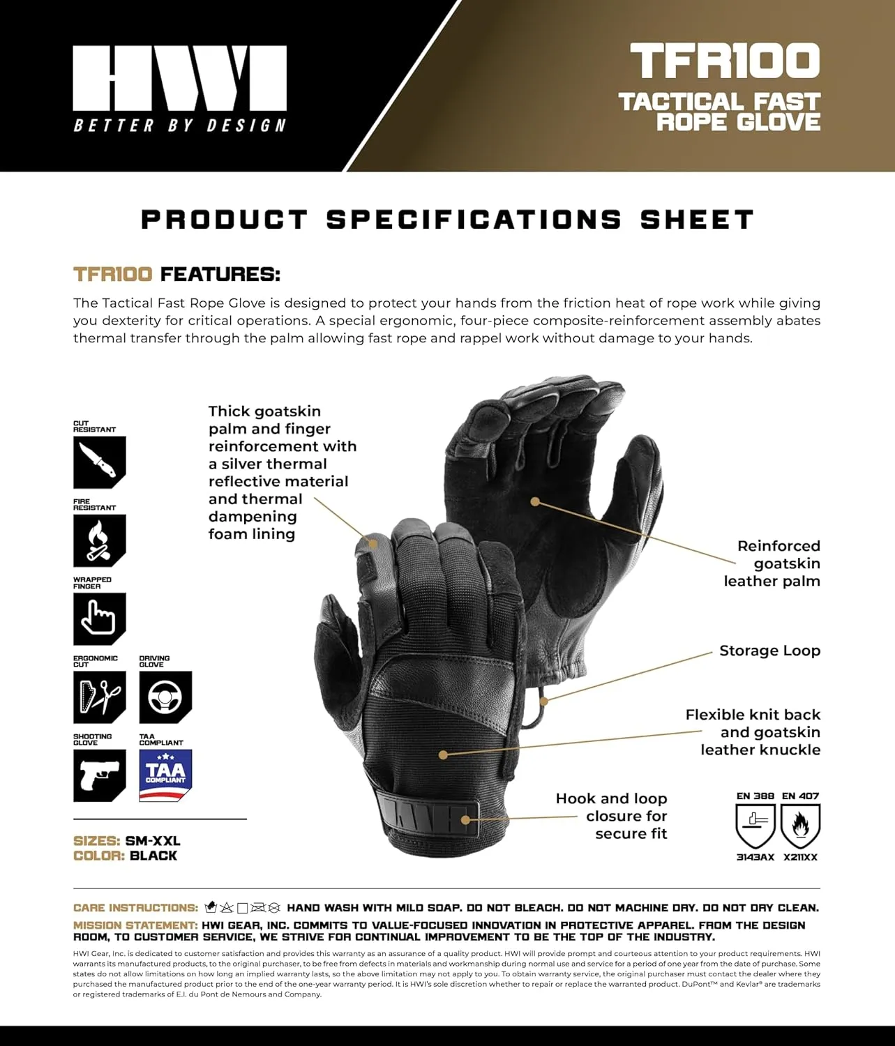 TFR100 Tactical Fast Rope Glove, Thick Goatskin Leather, Dexterity, Adventure, Outdoor Sport, Climbing, Rappelling