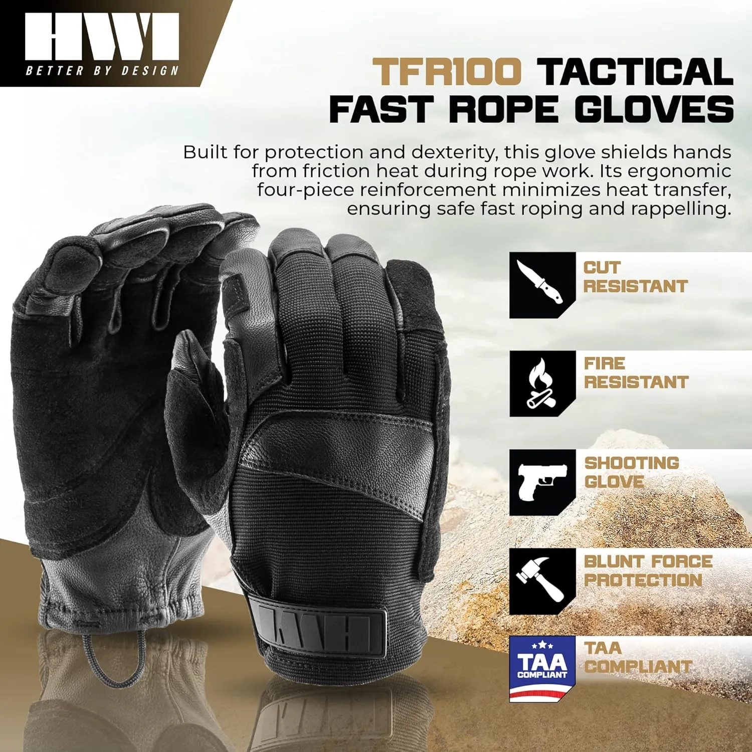 TFR100 Tactical Fast Rope Glove, Thick Goatskin Leather, Dexterity, Adventure, Outdoor Sport, Climbing, Rappelling