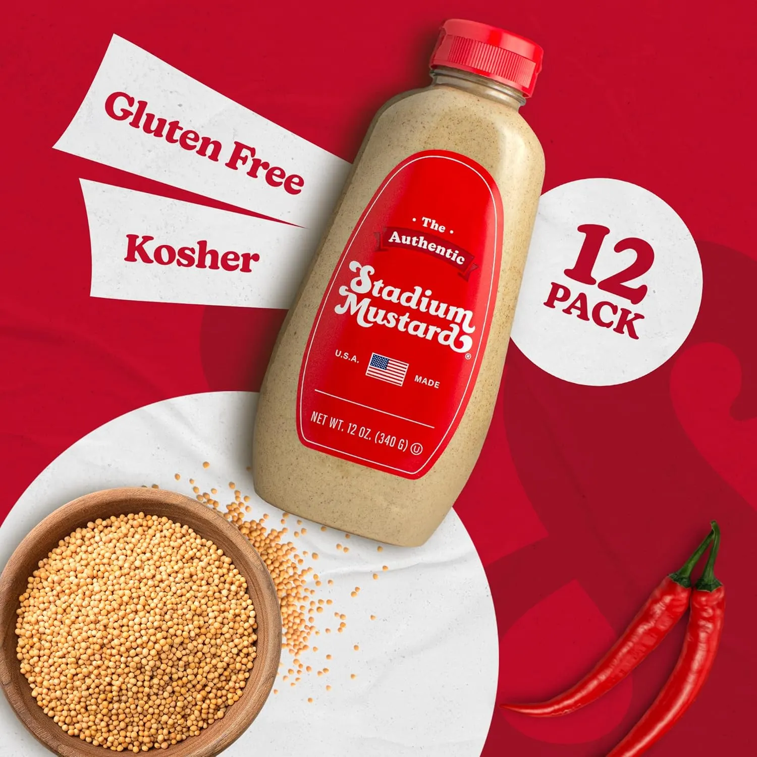 The Authentic Stadium Mustard. The Classic Condiment for Hot Dogs and Hamburgers. Gluten Free, Sugar Free, Kosher, Fat Free 12oz (Pack Of 12)