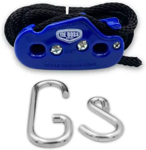 Tie Boss - 3/8 Inch, Heavy Duty, (300 lbs Working Load Limit), Weather Resistant, Tie Down, Rope Tightening System, (w/15 ft Rope) - Blue (Blue)