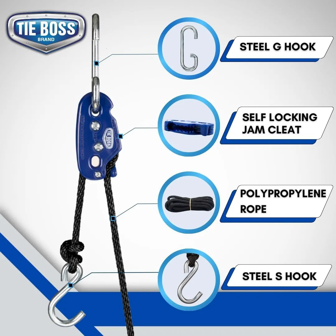 Tie Boss - 3/8 Inch, Heavy Duty, (300 lbs Working Load Limit), Weather Resistant, Tie Down, Rope Tightening System, (w/15 ft Rope) - Blue (Blue)