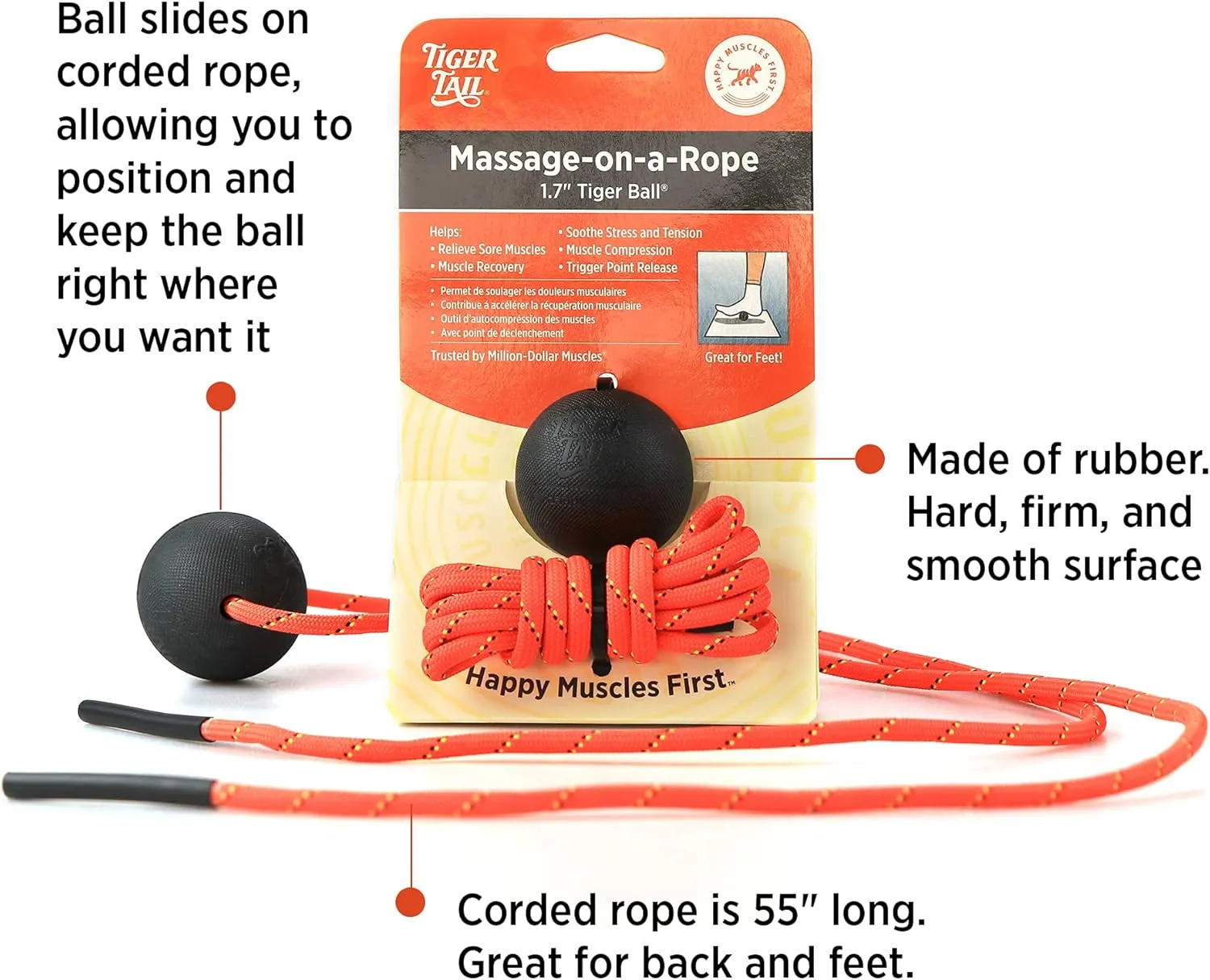 Tiger Tail Tiger Ball 1.7 Foam Roller Ball   50”  Corded Rope – Deep Tissue Massage Ball: Feet, Legs, Neck, Back – Trigger Point Massage Therapy – Relieve Muscle Soreness – Muscle Recovery