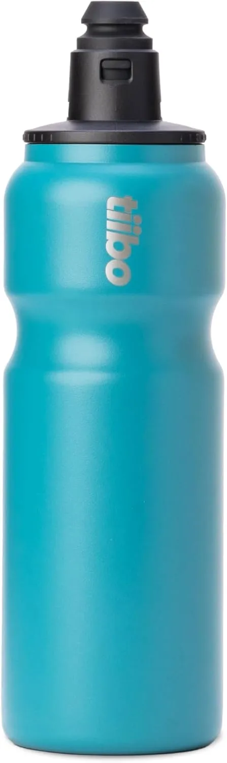 tiibo Vacuum Insulated Stainless Steel Bike Water Bottle, Double Wall, No-Squeeze, Fast Flow Sport Nozzle, Designed for Cycling, Biking, Fitness & Sports, Fits Most Bike Cages (Aqua, 17OZ)