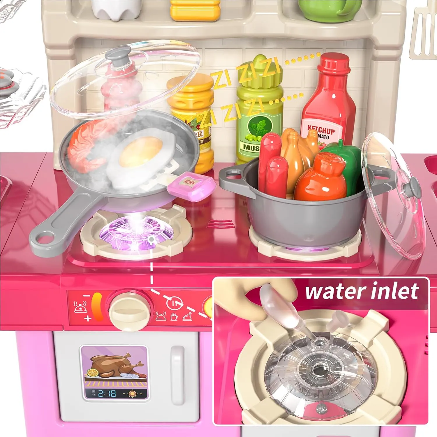 Toddler Kids Kitchen Playset, Play Kitchen Set with Sounds and Lights for Kids 3-5 6-8, Pretend Food Toy Kitchens Christmas Birthday Gifts for Boys & Girls 3 4 5 6 7 8 Years Old