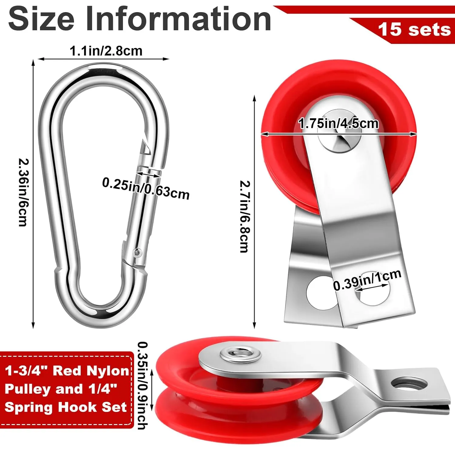 Tondiamo 15 Sets 1-3/4" Red Nylon Pulley and 1/4" Spring Hook Set, Galvanized Snap Clip Reinforced Nylon Baseball Batting Cage Cable System for Netting Baseball Batting Cages