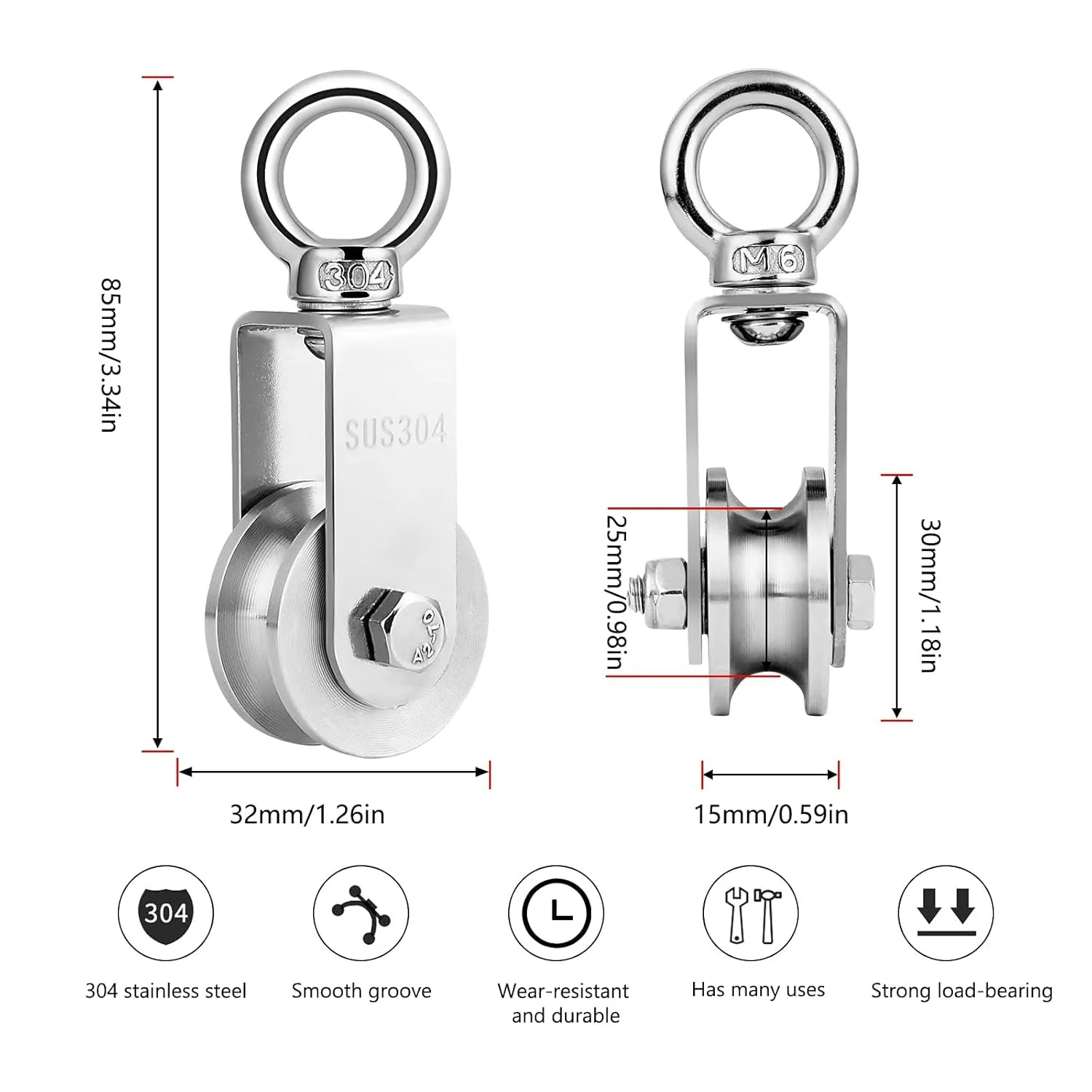 TooTaci 34MM U Pulley Block Set, 304 Stainless Steel Pulley System with Rope and Hooks, 2pcs 34MM Swivel Single Pulleys Wheel, 1/4" Nylon Rope 66ft, 4pcs Snap Hook for Indoor Outdoor