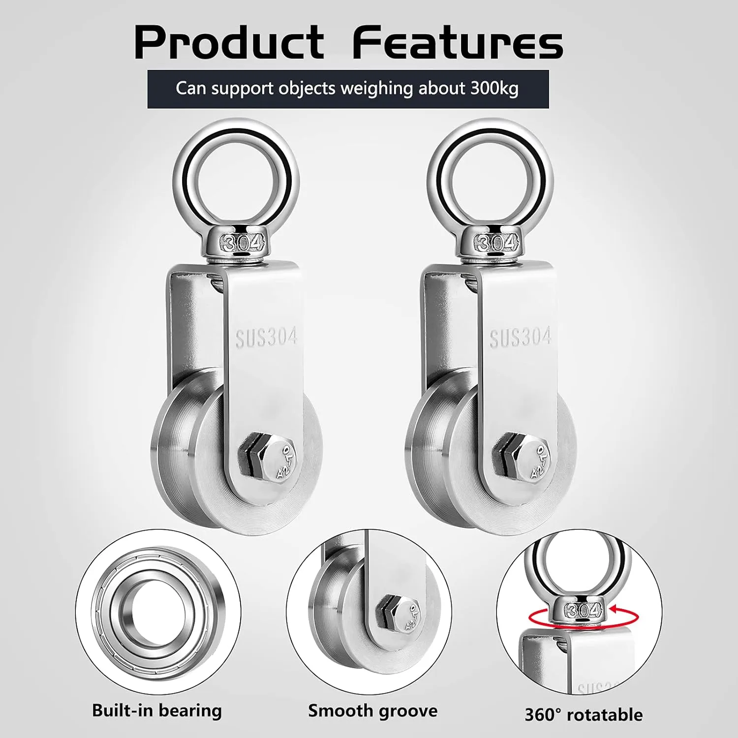 TooTaci 34MM U Pulley Block Set, 304 Stainless Steel Pulley System with Rope and Hooks, 2pcs 34MM Swivel Single Pulleys Wheel, 1/4" Nylon Rope 66ft, 4pcs Snap Hook for Indoor Outdoor