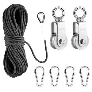 TooTaci 34MM U Pulley Block Set, 304 Stainless Steel Pulley System with Rope and Hooks, 2pcs 34MM Swivel Single Pulleys Wheel, 1/4" Nylon Rope 66ft, 4pcs Snap Hook for Indoor Outdoor