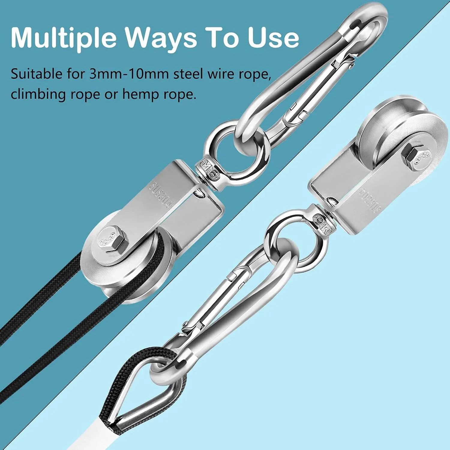 TooTaci 34MM U Pulley Block Set, 304 Stainless Steel Pulley System with Rope and Hooks, 2pcs 34MM Swivel Single Pulleys Wheel, 1/4" Nylon Rope 66ft, 4pcs Snap Hook for Indoor Outdoor