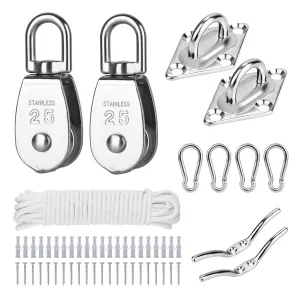 TooTaci M25 Pulley Systems, 2 Pack 25mm Pulley Block with 33ft 1/4" Nylon Rope, 304 Stainless Steel Heavy Duty Pulleys Wheel with Rope Cleat, Eye Pad Plate and Hooks, for Sun Shade Sail, Clothesline