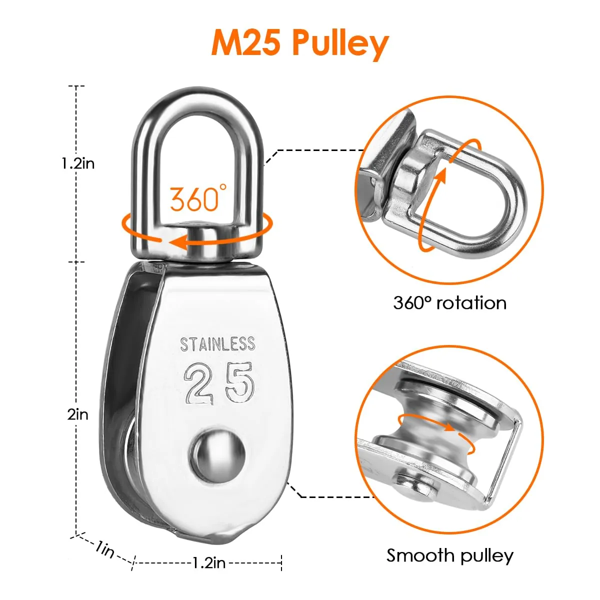 TooTaci M25 Pulley Systems, 2 Pack 25mm Pulley Block with 33ft 1/4" Nylon Rope, 304 Stainless Steel Heavy Duty Pulleys Wheel with Rope Cleat, Eye Pad Plate and Hooks, for Sun Shade Sail, Clothesline