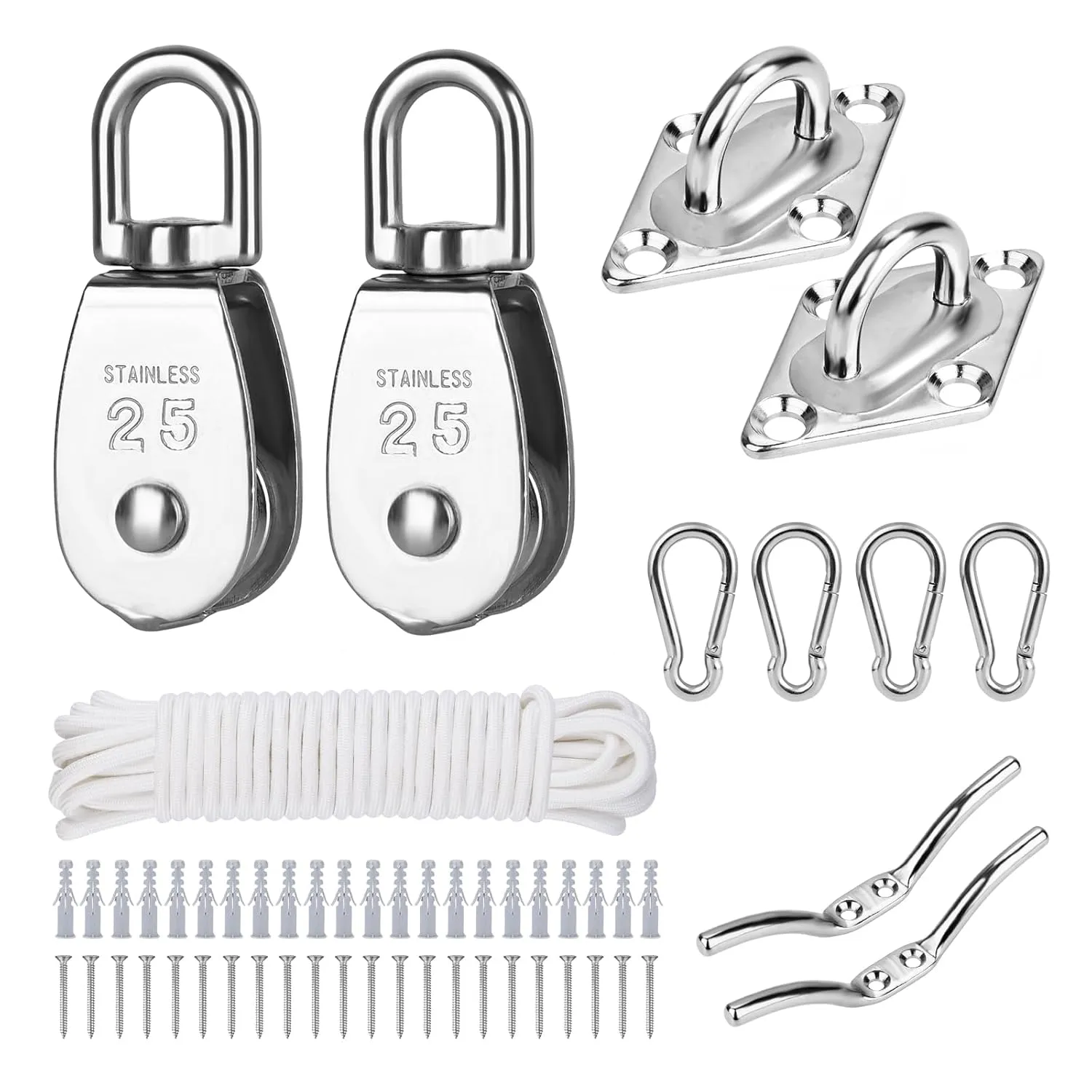 TooTaci M25 Pulley Systems, 2 Pack 25mm Pulley Block with 33ft 1/4" Nylon Rope, 304 Stainless Steel Heavy Duty Pulleys Wheel with Rope Cleat, Eye Pad Plate and Hooks, for Sun Shade Sail, Clothesline