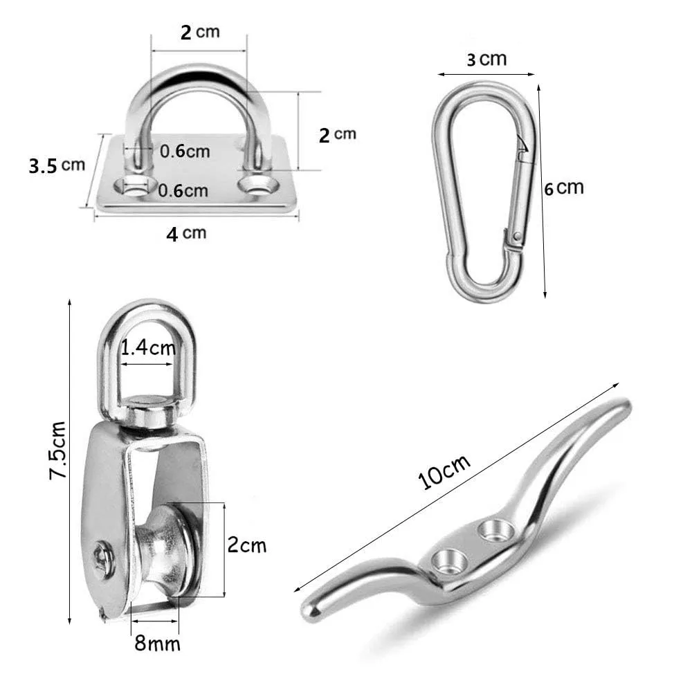 TooTaci Pulley System Set, M20 Crane Pulleys for Lifting with Rope, 304 Stainless Steel Block and Tackle Pulley System, with Nylon Line Rope & Snap Hook, Oblong Eye Pad Plate, Cleat Hooks