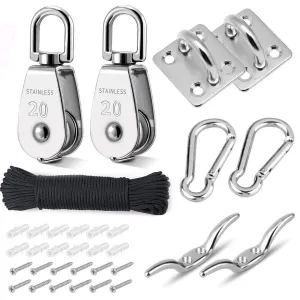 TooTaci Pulley System Set, M20 Crane Pulleys for Lifting with Rope, 304 Stainless Steel Block and Tackle Pulley System, with Nylon Line Rope & Snap Hook, Oblong Eye Pad Plate, Cleat Hooks