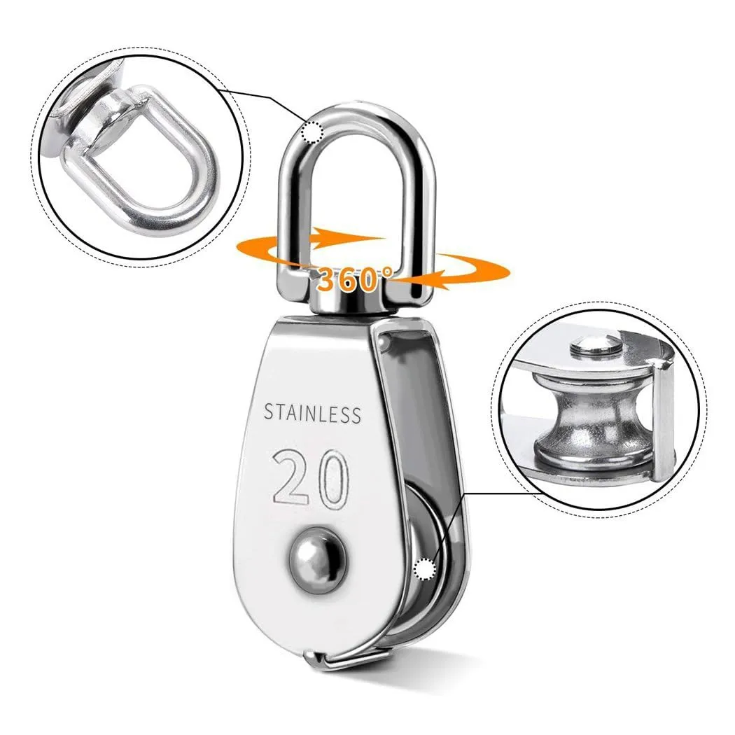 TooTaci Pulley System Set, M20 Crane Pulleys for Lifting with Rope, 304 Stainless Steel Block and Tackle Pulley System, with Nylon Line Rope & Snap Hook, Oblong Eye Pad Plate, Cleat Hooks