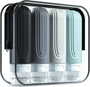 Travel Bottles for Toiletries, Tsa Approved 3Oz Travel Size Containers BPA Free Leak Proof Refillable Liquid Silicone Squeezable Travel Accessories for Shampoo Conditioner Lotion (4 Pack)
