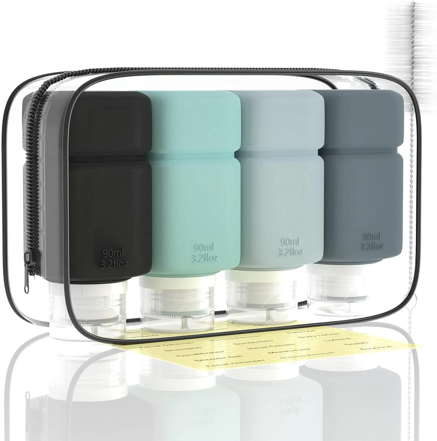 Travel Bottles for Toiletries, TSA Approved Travel Size Containers for Shampoo Conditioner Lotion Body Wash, BPA Free Travel Toiletry Bottles with Clear Toiletry Bag, Cleaning Brush Label (4 Pack)