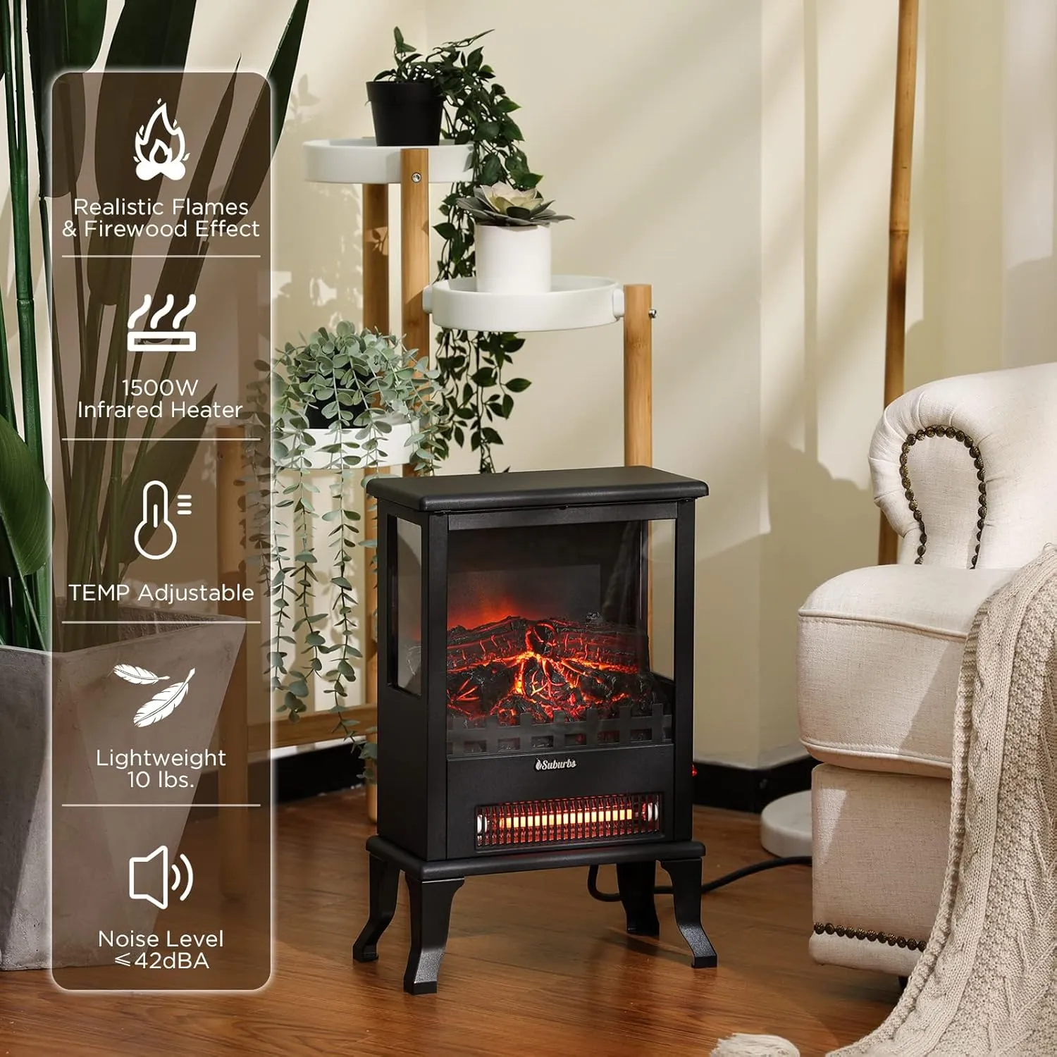 TURBRO Suburbs TS17Q Infrared Electric Fireplace Stove, 19" Freestanding Stove Heater with 3-Sided View, Realistic Flame, Overheating Protection, CSA Certified, for Small Spaces, Bedroom - 1500W