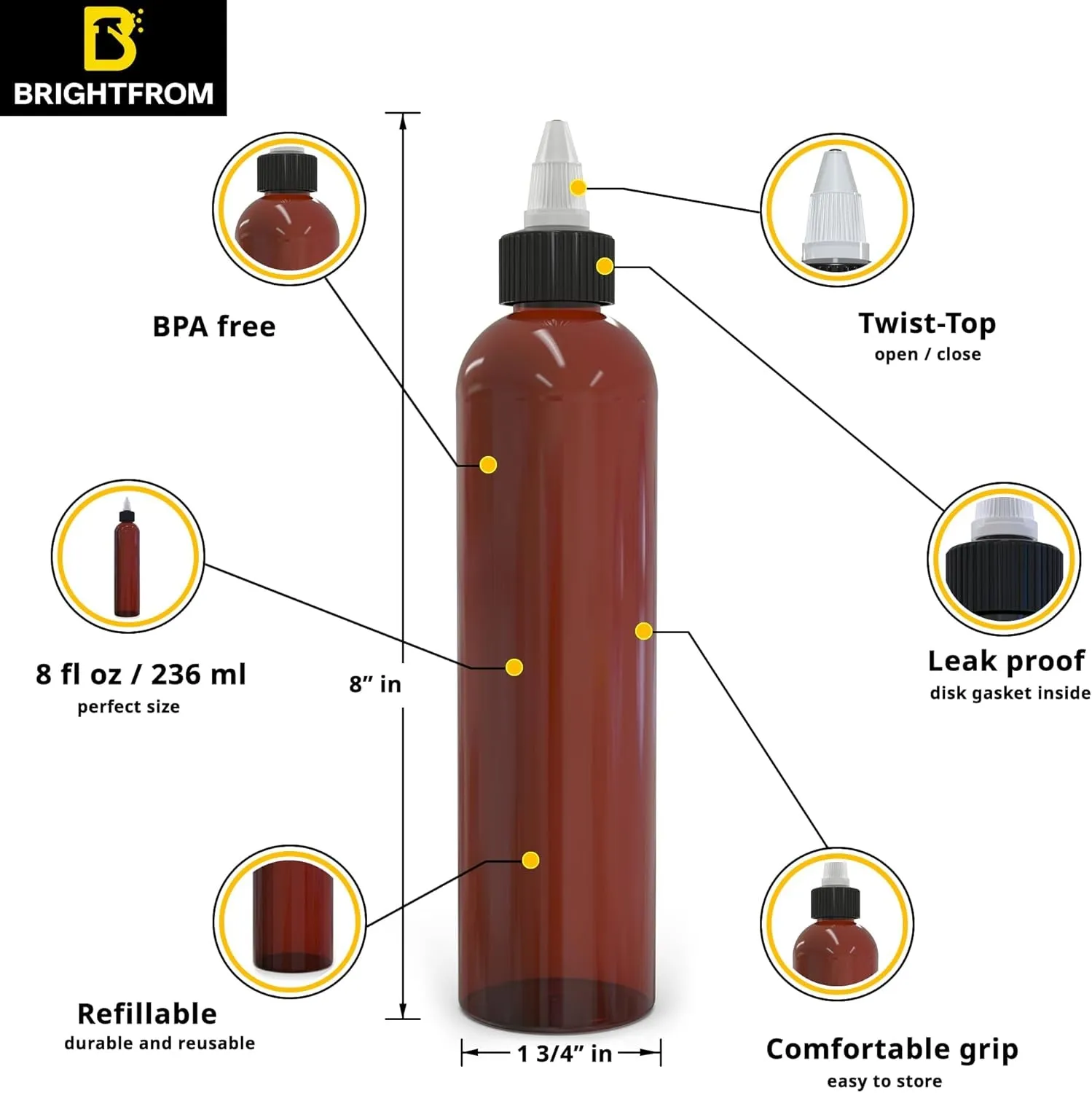 Twist Top Applicator Bottles, 8 OZ, Squeeze Empty Plastic Bottles, Black Nozzle, Bpa-Free, PET, Refillable, Open/Close Nozzle - Multi Purpose (Amber)