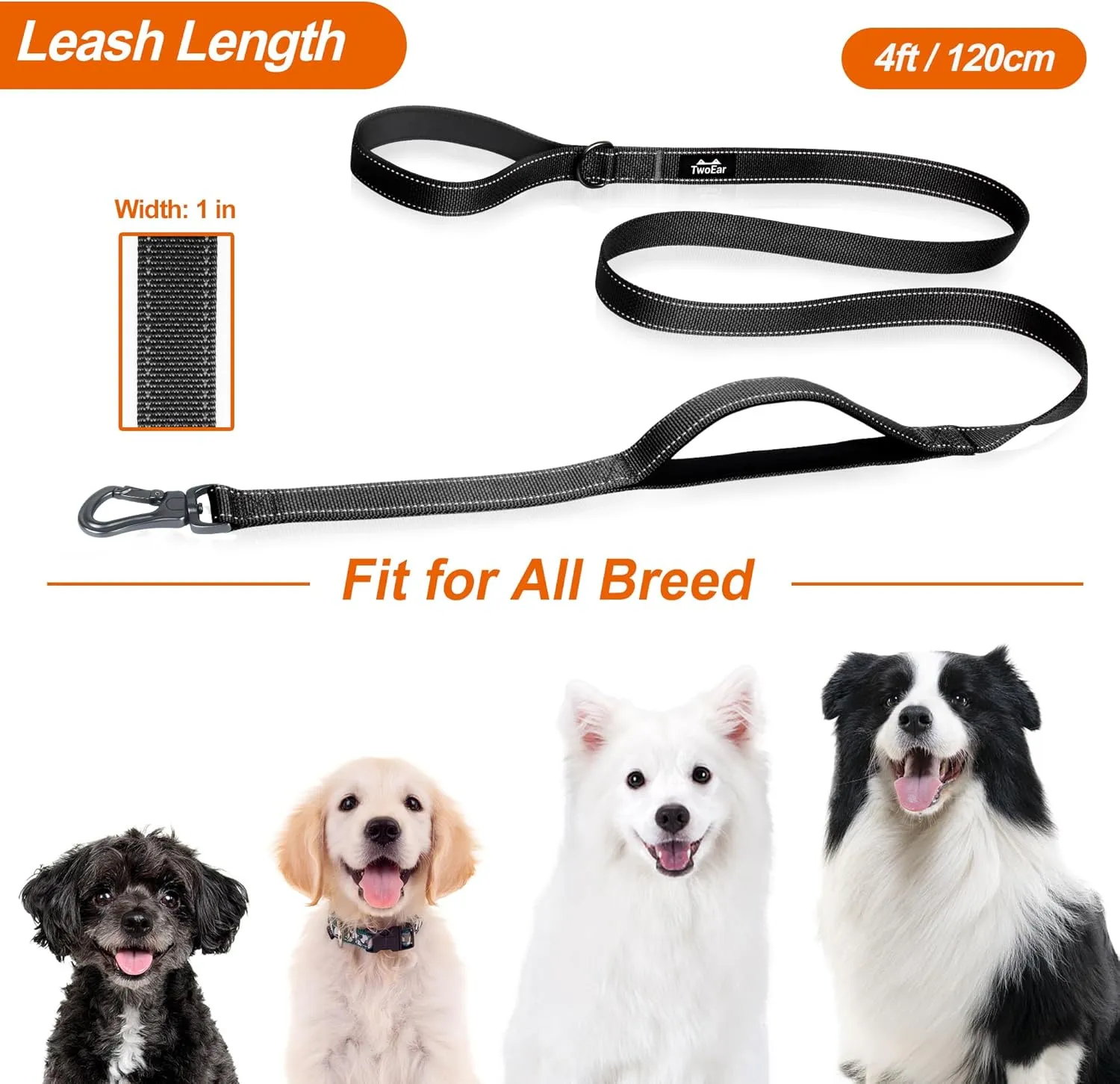 TwoEar 4FT 1IN Strong Black Dog Leash with 2 Padded Handles, Traffic Handle Extra Control, Comfortable Soft Dual Handle, Auto Lock Hook, Reflective Walking Lead for Small Medium and Large Dogs