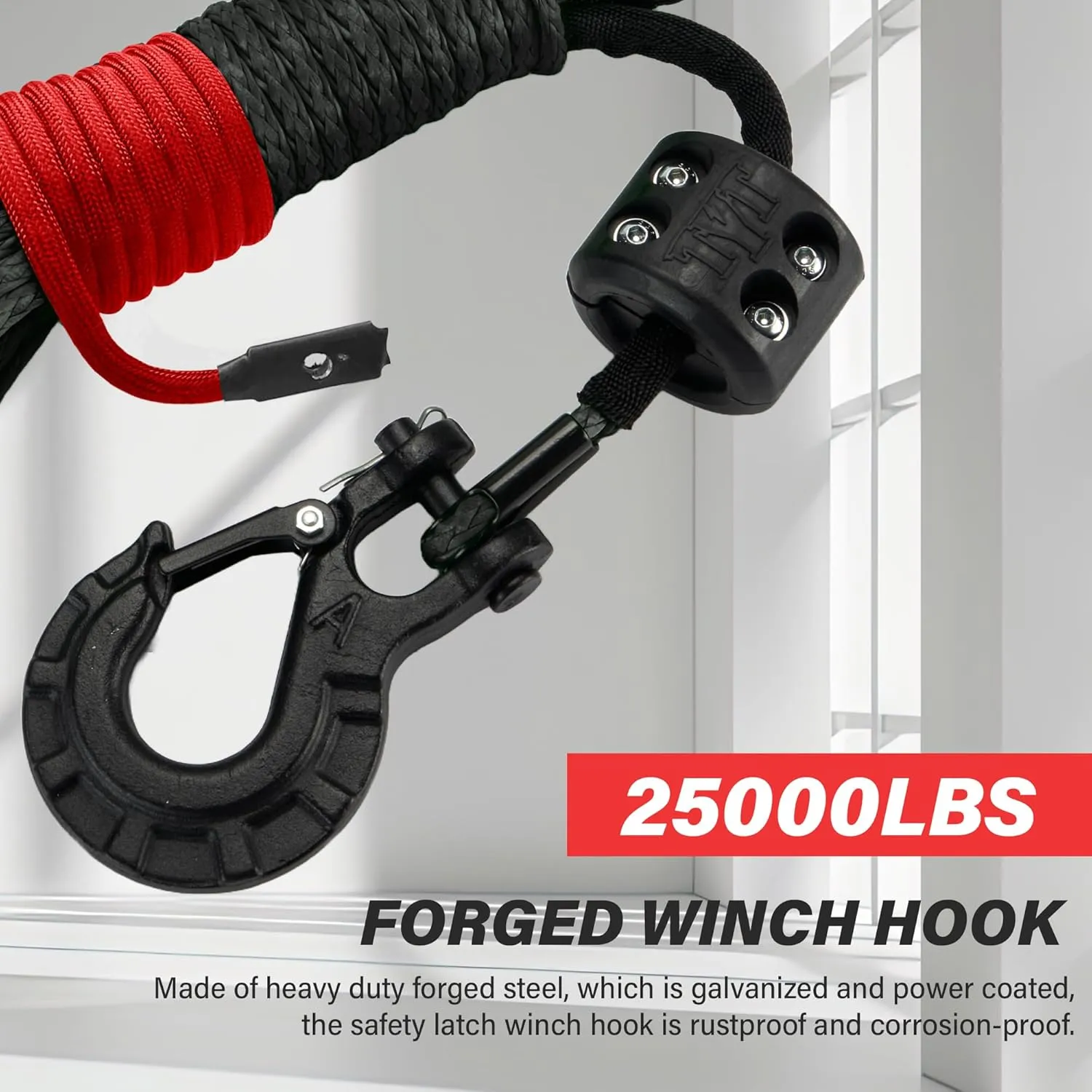 TYT Off-Road Winch Rope Kit - 1/4''x50', 10000 Lbs Black Synthetic Cable with Protective Sheath, Heavy-Duty Hook, Safety Pull Strap & Rubber Stopper Ideal for 4WD ATV UTV Vehicles, Grey, (JPS1450IG)
