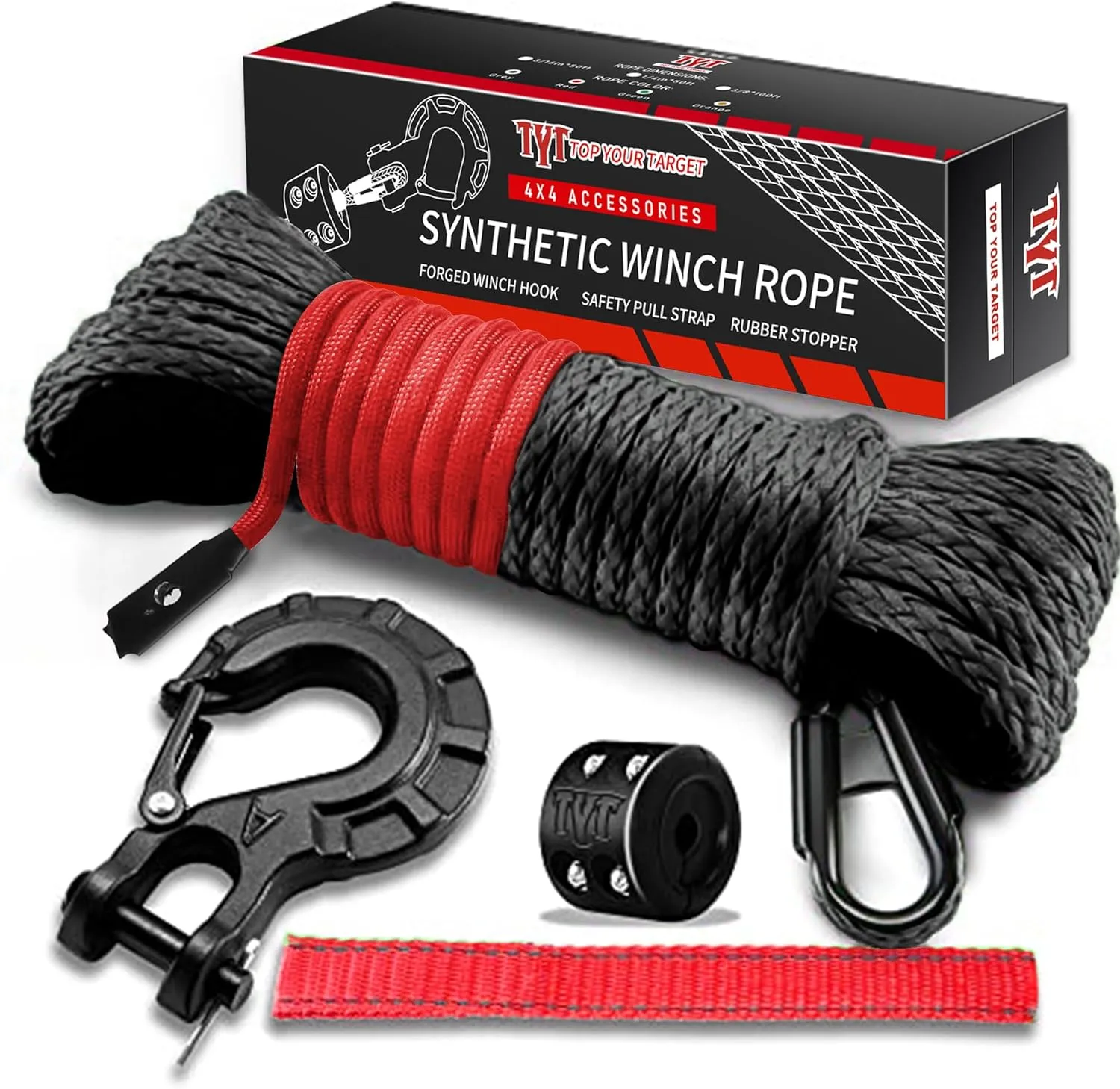 TYT Off-Road Winch Rope Kit - 1/4''x50', 10000 Lbs Black Synthetic Cable with Protective Sheath, Heavy-Duty Hook, Safety Pull Strap & Rubber Stopper Ideal for 4WD ATV UTV Vehicles, Grey, (JPS1450IG)