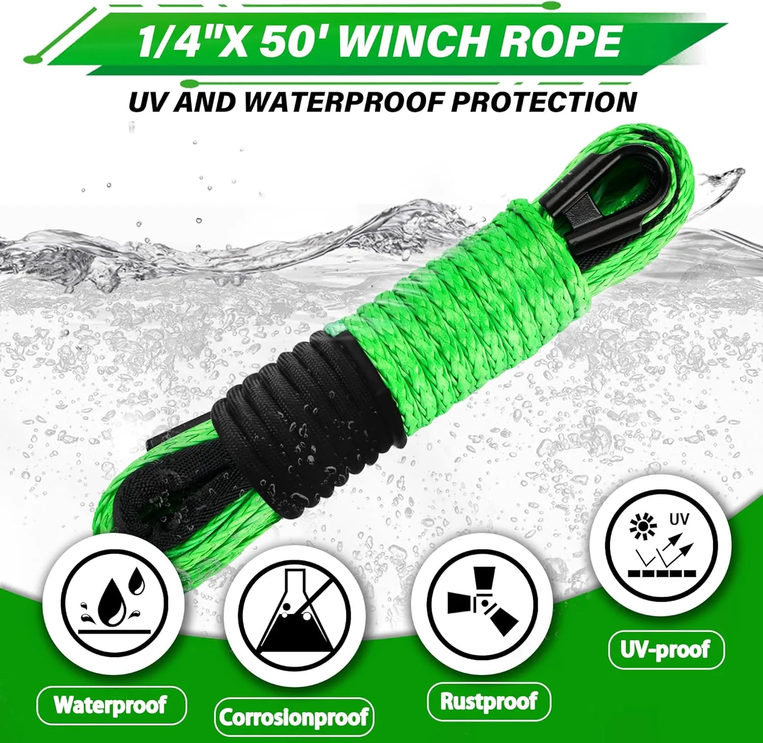 TYT Synthetic Winch Rope Kit - 1/4'' x 50' with 10000 lbs Strength, Protective Sleeve, Heavy Duty Hook, Rubber Stopper, & Safety Pull Strap for Off-Road 4x4 Vehicles (Green) (JPS1450OG)