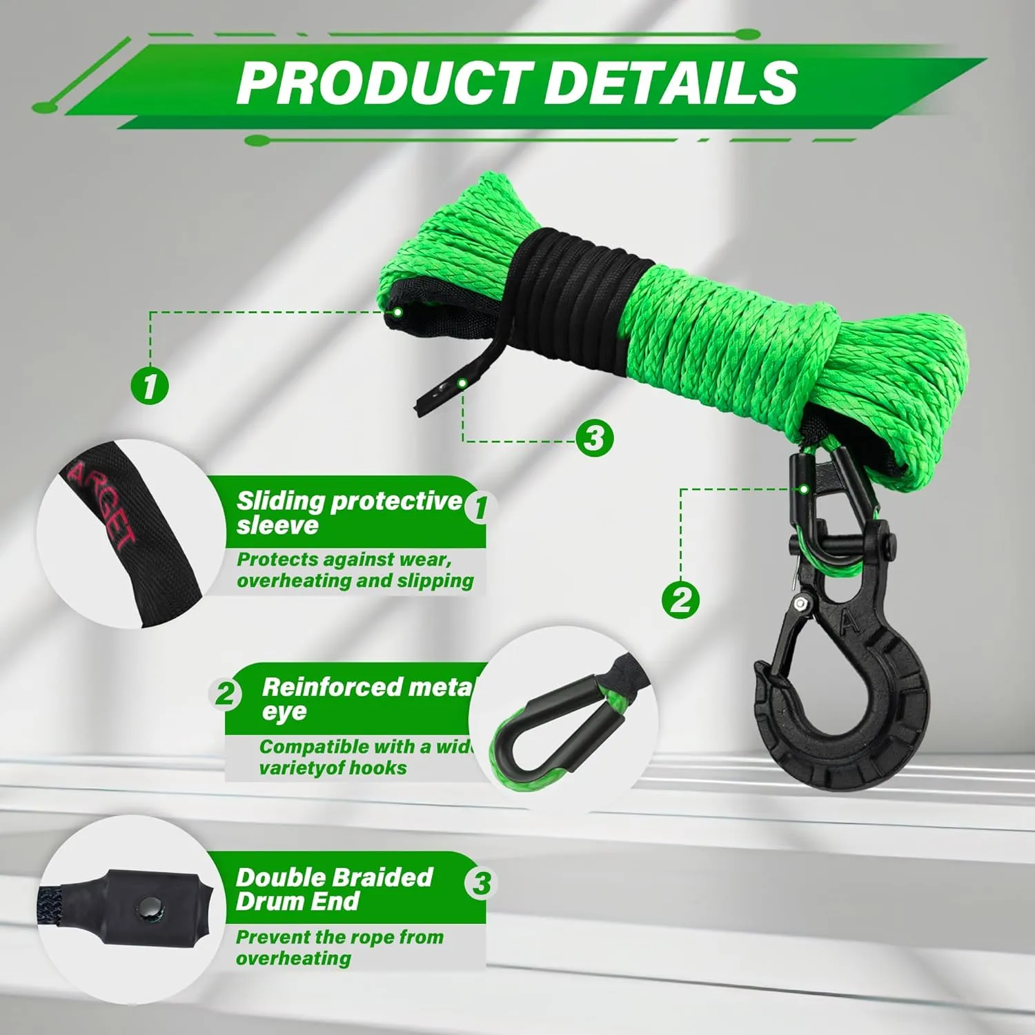 TYT Synthetic Winch Rope Kit - 1/4'' x 50' with 10000 lbs Strength, Protective Sleeve, Heavy Duty Hook, Rubber Stopper, & Safety Pull Strap for Off-Road 4x4 Vehicles (Green) (JPS1450OG)