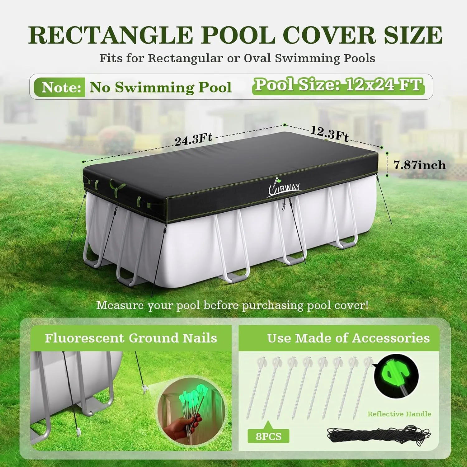 UIRWAY 12x24 FT Rectangular Pool Cover with Reflective Strips for Above Ground Pool, Solar Cover Including Rope Tie and Luminous Ground Nails, Swimming Pool Cover for Rectangular or Oval Frame Pools
