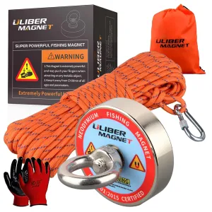 ULIBERMAGNET Fishing Magnet Kit,400LBS Strong Neodymium Magnet with 20M Nylon Rope & Non-Slip Gloves,Large Strong Magnetic Recycling Salvage Treasure Hunt in River, Lake