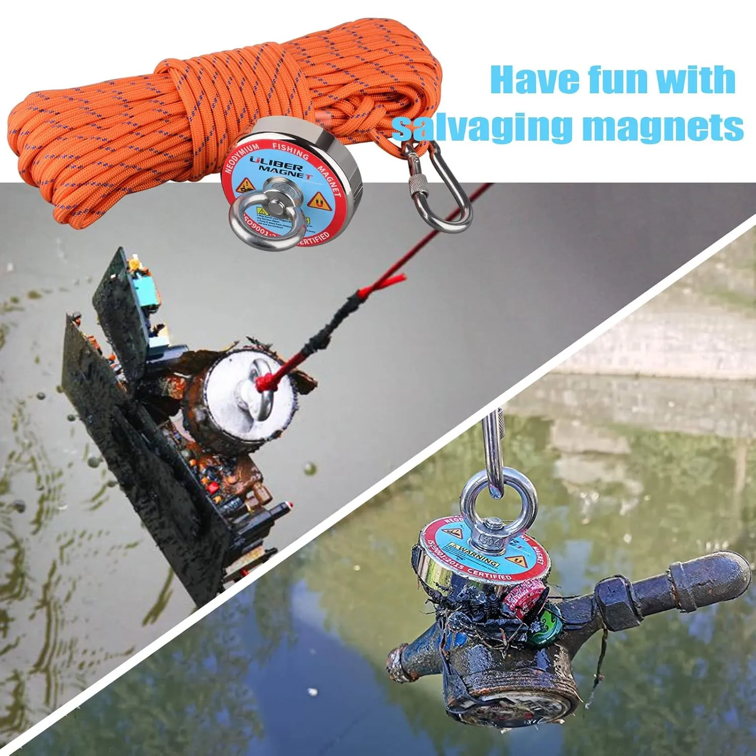 ULIBERMAGNET Fishing Magnet Kit,400LBS Strong Neodymium Magnet with 20M Nylon Rope & Non-Slip Gloves,Large Strong Magnetic Recycling Salvage Treasure Hunt in River, Lake