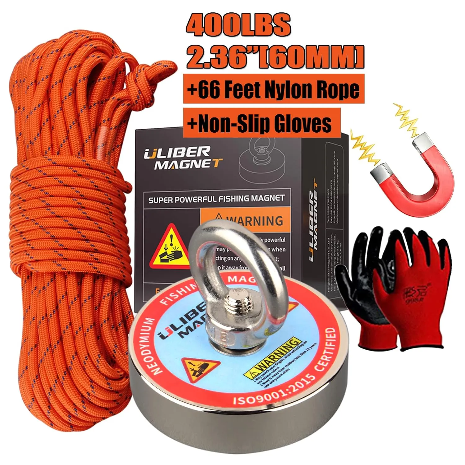 ULIBERMAGNET Fishing Magnet Kit,400LBS Strong Neodymium Magnet with 20M Nylon Rope & Non-Slip Gloves,Large Strong Magnetic Recycling Salvage Treasure Hunt in River, Lake