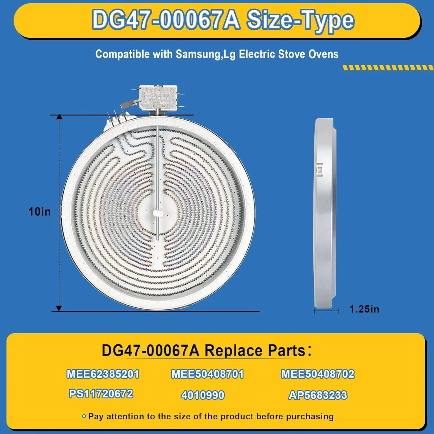 Upgrade Mee62385201 DG47-00067A 10in Dual Radiant Surface Element Fit For LG Electric Range, Compatible with Samsung Stove, 9"/6" Dual Replace MEE62385201 AP5683233, PS7795472-1, PS11720672