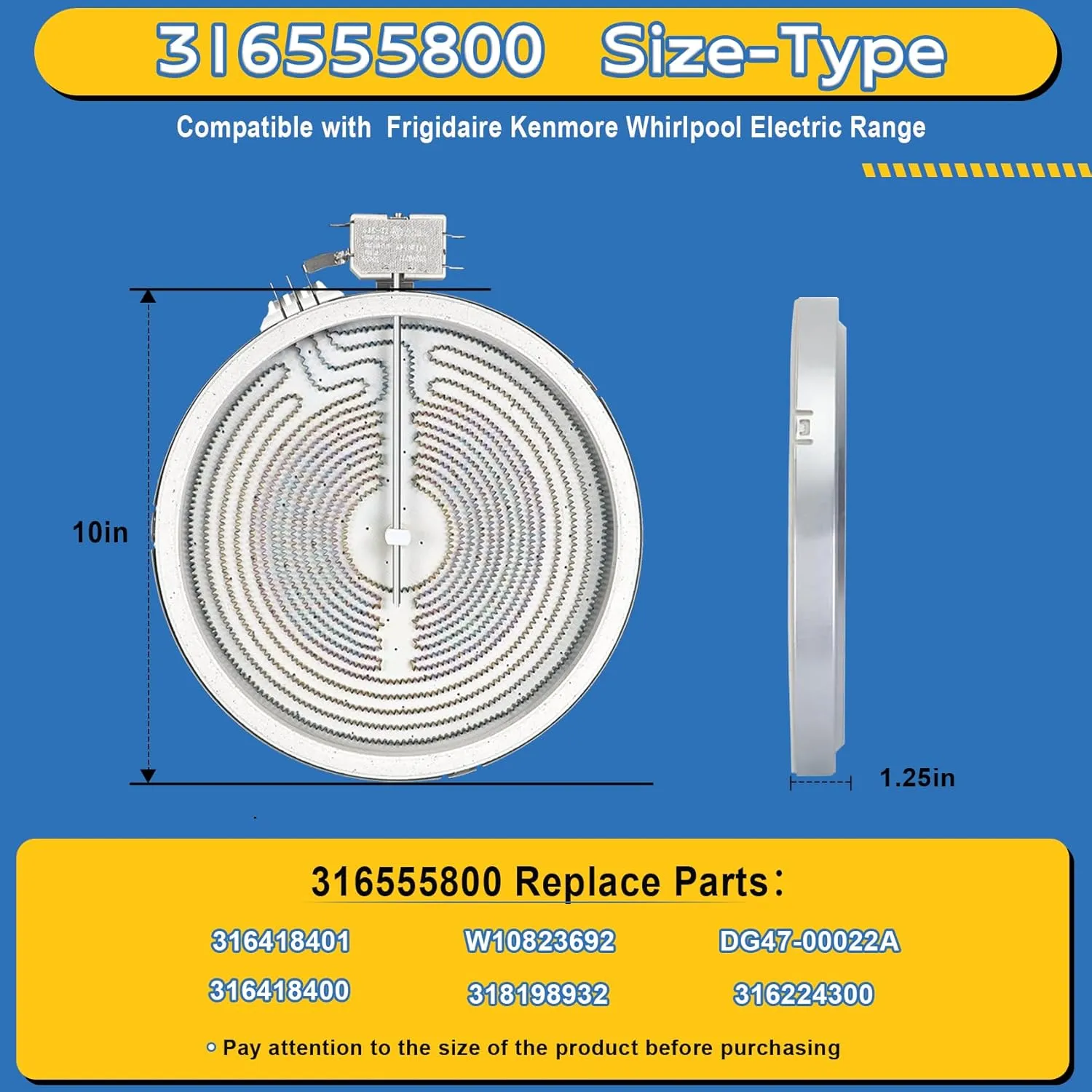Upgraded 316555800 W10823692 9"/6" Dual Radiant Surface Element Compatible with Frigidaire Kenmore Whirlpool Range, Stove 10" Heating Element Replace 316418401, AP4556791, 316418400, DG47-00022A