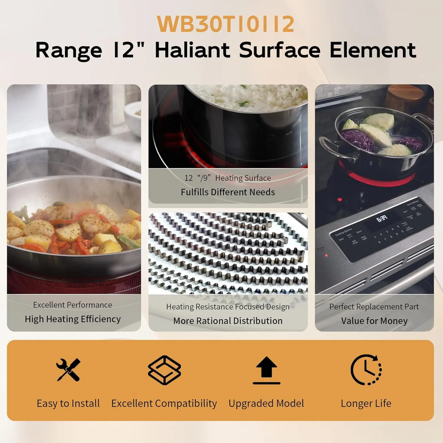 Upgraded W10823727 3012343812 WB30T10112 12" Dual Radiant Surface Element Compatible with Whirlpool Kitchen-Aid GE Range, 3000/1950W Dual Haliant Surface Element Fit for Electric Stove