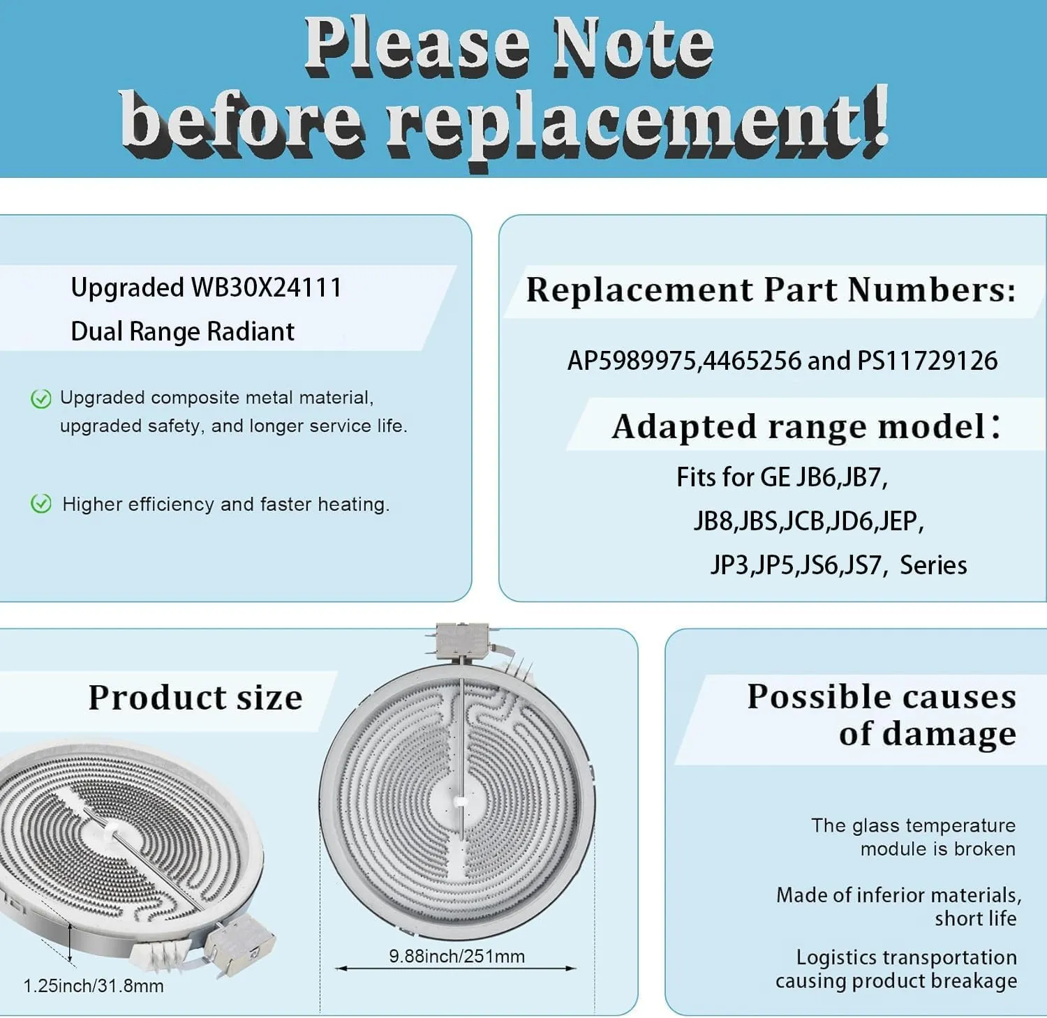 Upgraded WB30X24111 9in Dual Range Radiant Surface Element Compatible with GE Range radiant element 9in, Glass Cooktop Replacement Dual Radiant Surface Element Replace WB30T10133 AP5989975 4465256
