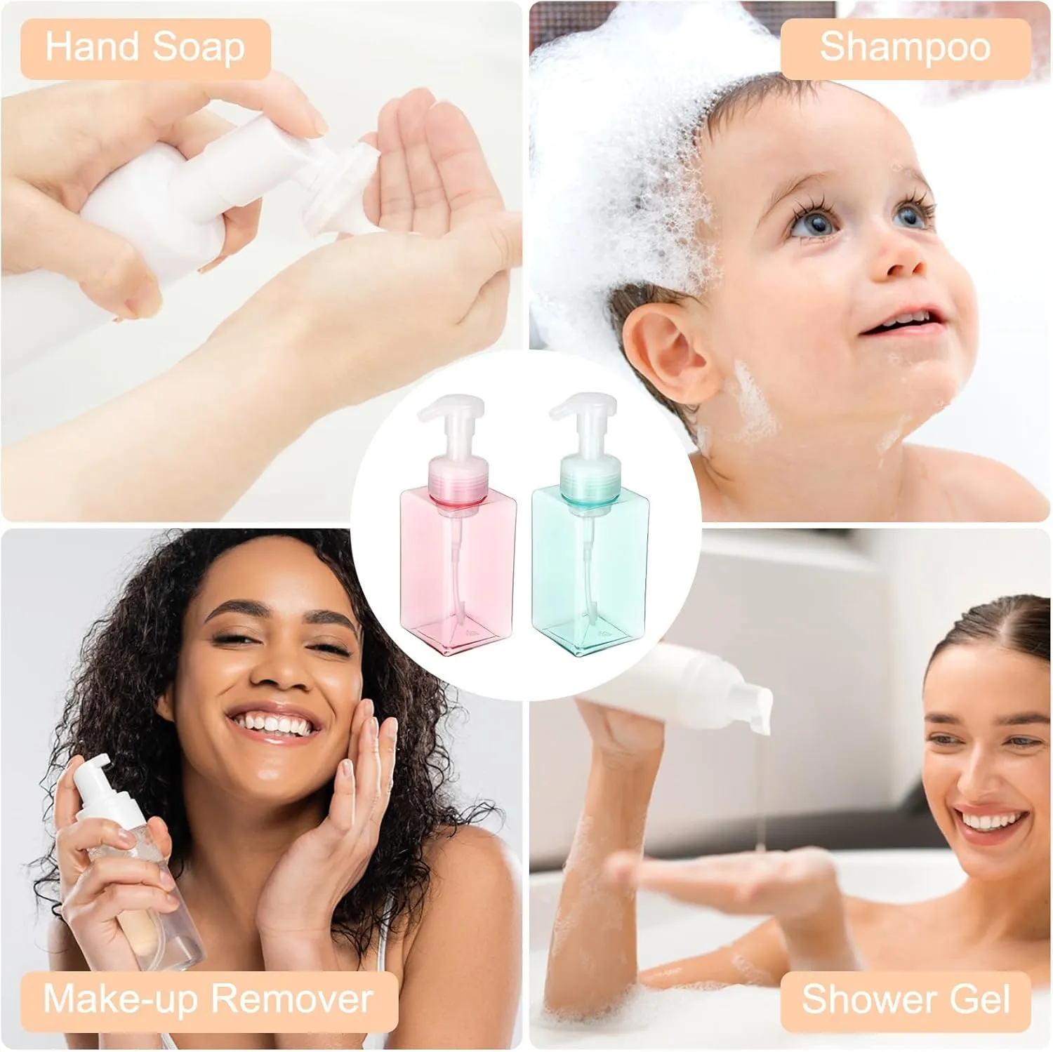 uxcell 4PCS Square Empty Foam Pump Bottle, 450ml Travel Foam Soap Dispenser Empty Refillable Plastic Pump Bottle for Lash Shampoo, Hand Soap, Facial Lotion(9" Clear Pink/Clear Blue)
