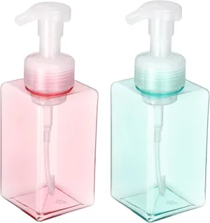 uxcell 4PCS Square Empty Foam Pump Bottle, 450ml Travel Foam Soap Dispenser Empty Refillable Plastic Pump Bottle for Lash Shampoo, Hand Soap, Facial Lotion(9" Clear Pink/Clear Blue)