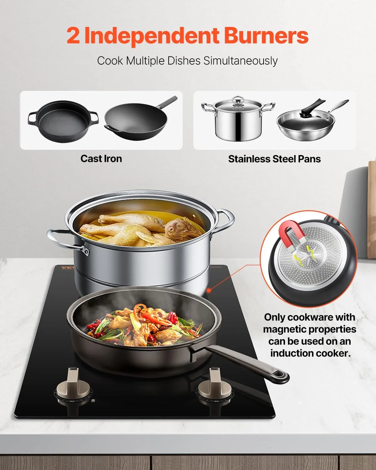 VEVOR Induction Cooktop, 3500W Electric Countertop Burner, 2 Burner Knob Control Stove, Built-in Induction Cooktop with 12 Temperature Settings, Glass Surface, Auto Shut-Off