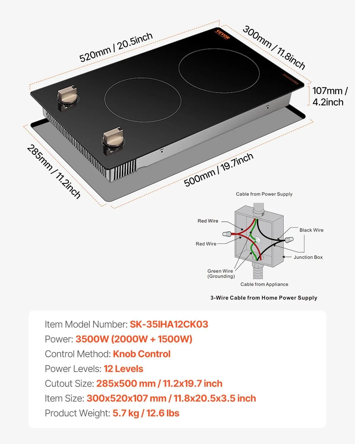 VEVOR Induction Cooktop, 3500W Electric Countertop Burner, 2 Burner Knob Control Stove, Built-in Induction Cooktop with 12 Temperature Settings, Glass Surface, Auto Shut-Off