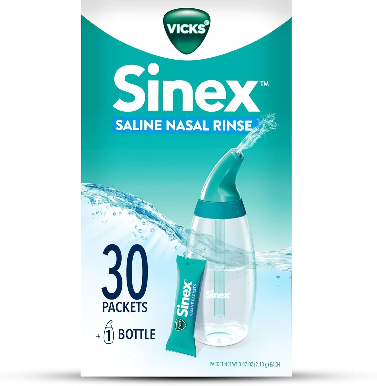 Vicks Sinex Saline Nasal Rinse Starter Kit, Drug Free Saline, Flush Out Mucus and Allergens, Fast & Effective Relief for Everyday Congestion from Sinus & Allergy, 1 Bottle   30 Refill Packets