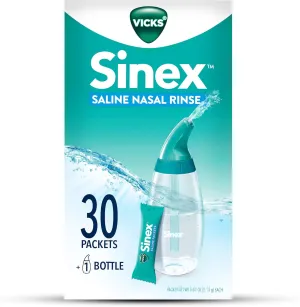 Vicks Sinex Saline Nasal Rinse Starter Kit, Drug Free Saline, Flush Out Mucus and Allergens, Fast & Effective Relief for Everyday Congestion from Sinus & Allergy, 1 Bottle   30 Refill Packets