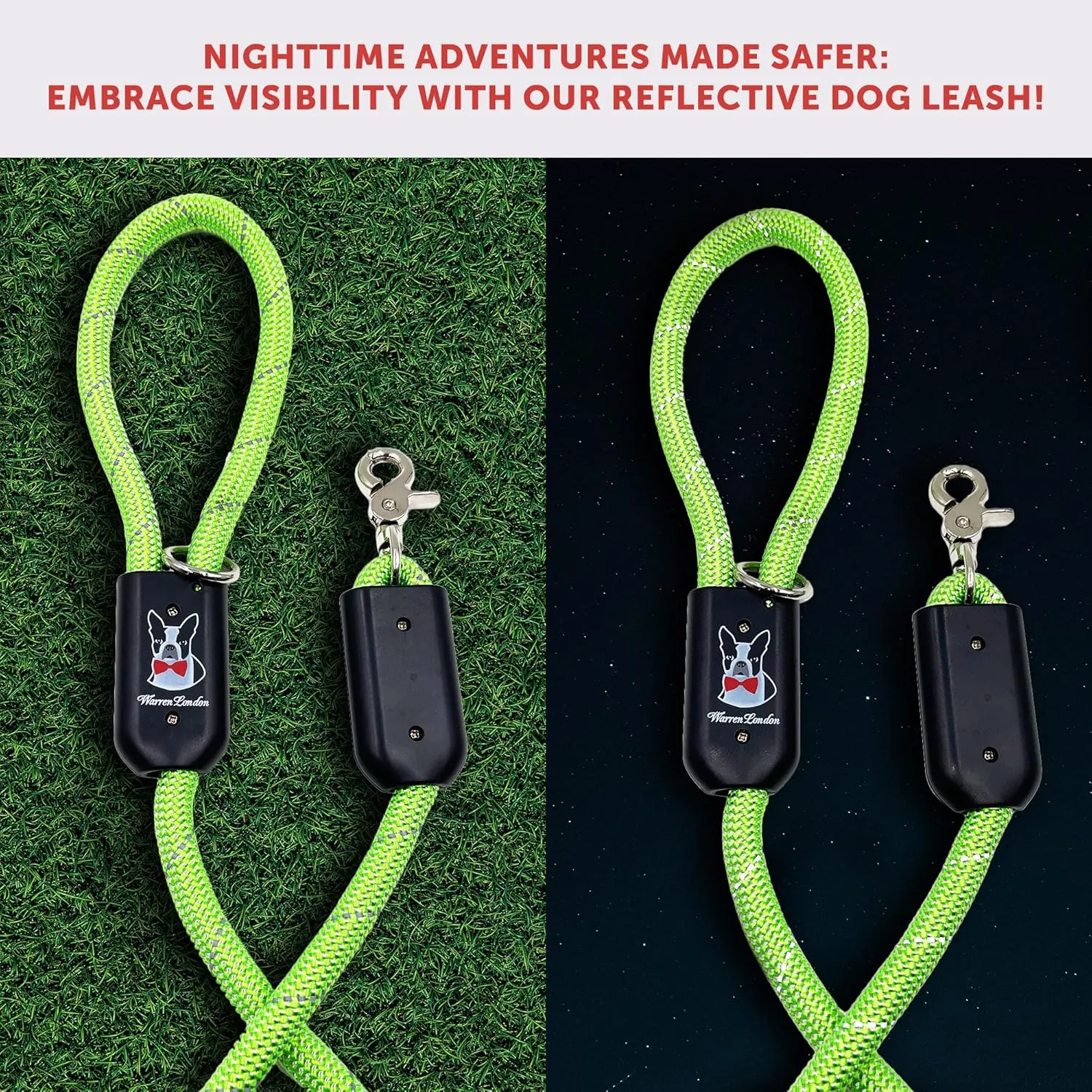 Warren London Climbing Rope Dog Leash | 5ft Length with Options for Reflective | Ergonomic Grip Comfort Control and Durability | Heavy Duty for Small Medium and Large Dogs | Green Reflective