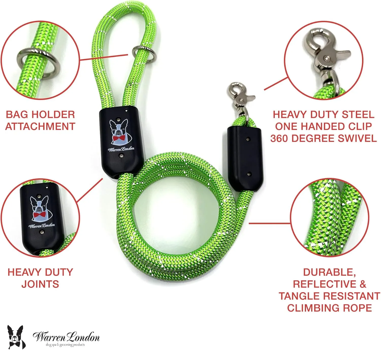 Warren London Climbing Rope Dog Leash | 5ft Length with Options for Reflective | Ergonomic Grip Comfort Control and Durability | Heavy Duty for Small Medium and Large Dogs | Green Reflective